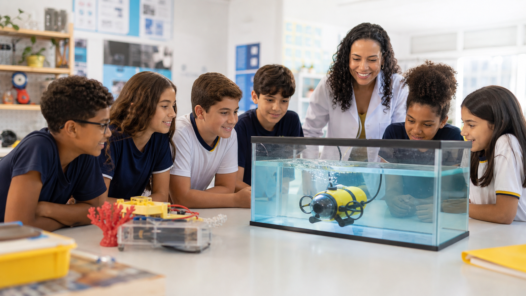 Alunos observam um submarino em um aquário durante uma atividade SubLab School